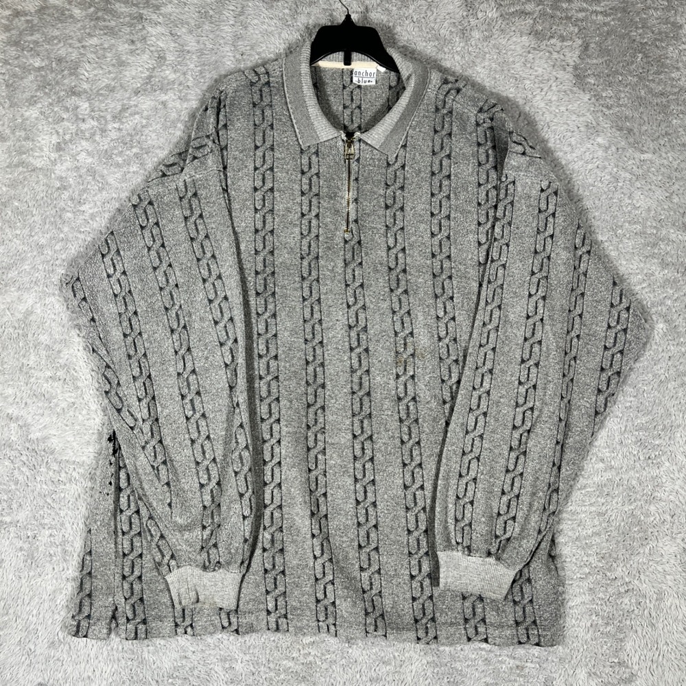 Anchor Blue Vintage Mens XL Grey Chain Link Stripe Quarter Zip Pullover Sweater